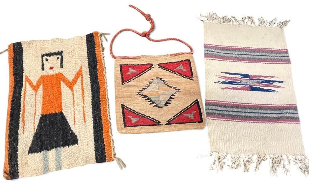 Navajo Yei rug, corn husk bag and Chimayo rug (1 of 2)