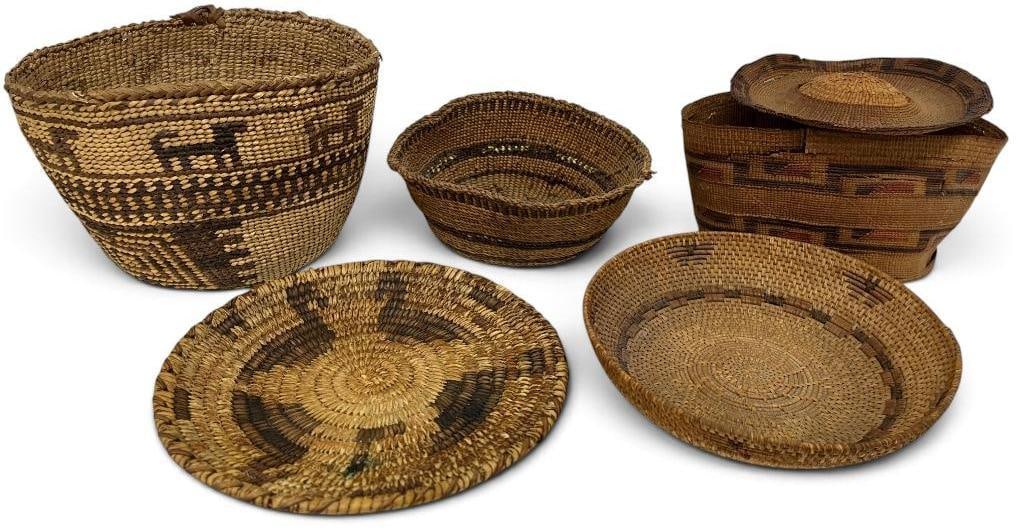 6 Native American Baskets: 6 Native American Baskets. Includes early Tlingit basket. Largest approx. 7 x 4.5 inches.