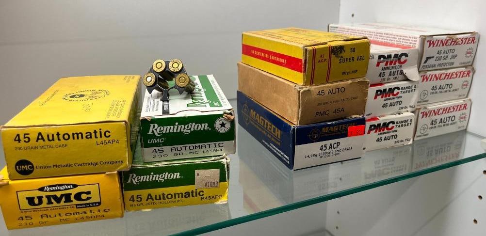 .45 Auto Pistol Ammunition: .45 Auto Pistol Ammunition. Approx. 600 rounds. By PMC, Winchester, Remington, UMC and more..