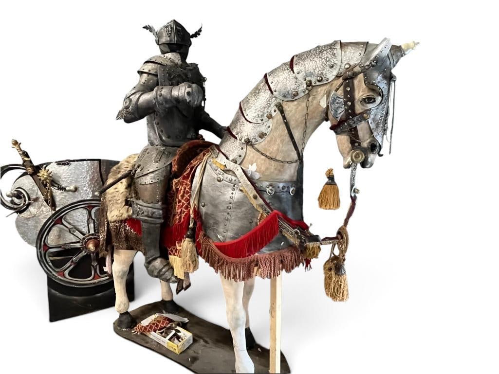 Life Size Knight on Horse Sculpture: Life Size Knight on Horse Sculpture by Don Parrino. Includes photos of him making it. Approx. 8 ft x 8 ft x 3 ft. Chariot piece approx. 5 x 5 x 2 feet.