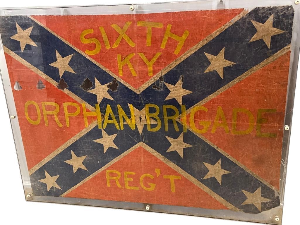 Sixth KY Orphan Brigade Regiment Flag: 19th Century Veterans Sixth KY Orphan Brigade Regiment Flag. Frame approx. 36.5 x 28 inches.