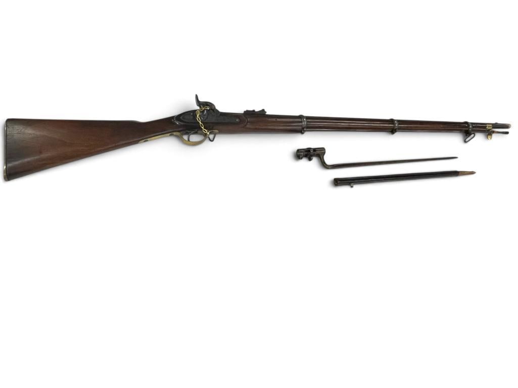 Tower 1862 marked Musket: Tower 1862 marked Musket with Pattern 1853 Enfield bayonet and scabbard. Overall rifle length approx. 56 inches.