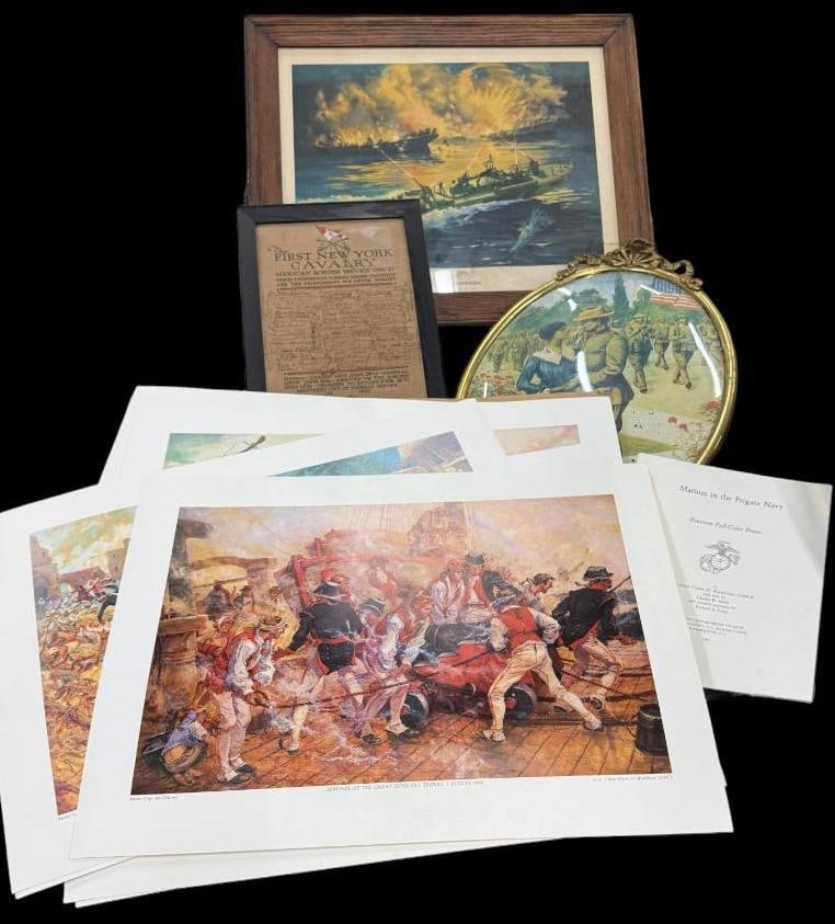 Military prints, The Colored Man is No Slacker print etc.: Marines in the Frigate Navy prints by Colonel Charles H. Waterhouse USMCR, The Colored Man is No Slacker print, First New York Cavalry Mexican Border Service signature sheet and more.