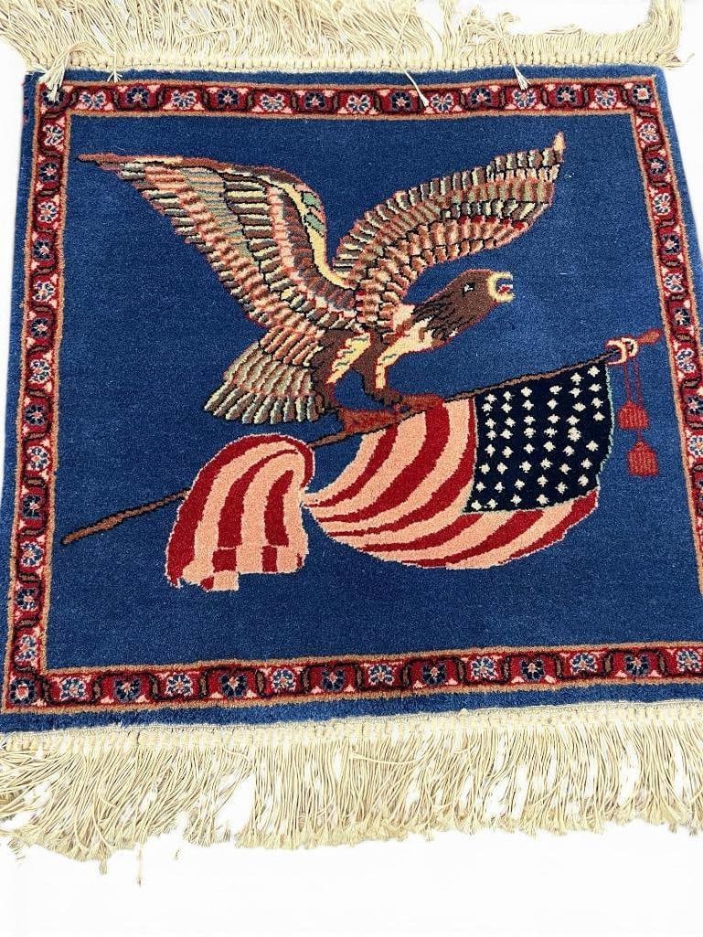 Kashan Oriental Rug American Eagle bag face: Kashan Oriental Rug American Eagle bag face. Approx. 19 x 19 inches.