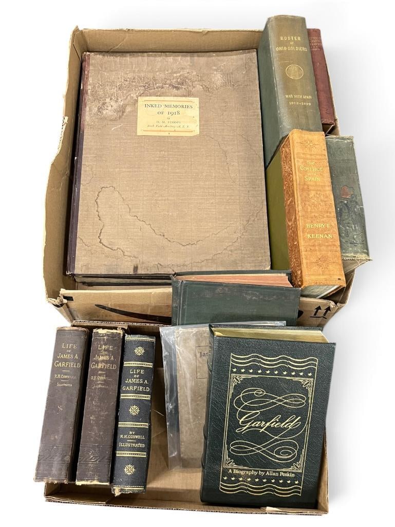 WW1, Spanish American War books and more: WW1, Spanish American War books. Including Life of James Garfield, Roster of Ohio soldiers, Inked memories of 1918 and more. 12 books.