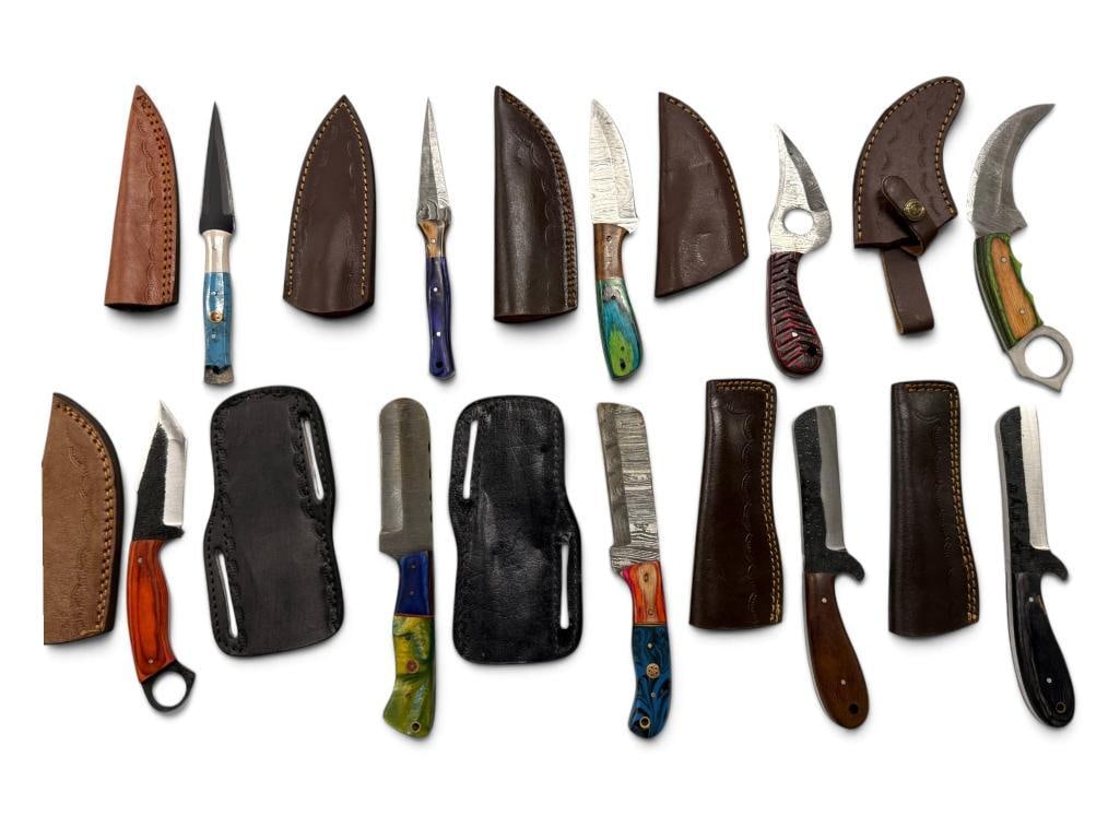 10 Fixed blade knives: 10 Fixed blade knives. Some with damascus blades. Approx. 8 inches.