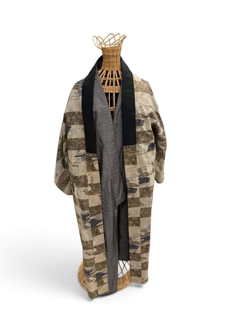 Mid Century wicker female dress form etc.: Mid Century wicker female dress form and 2 kimono. Form approx. 60 x 16 x 16 inches.
