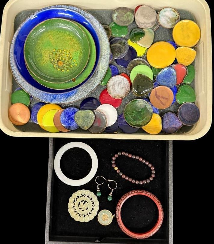 Enameled copper plates, art pieces, jade etc.: Enameled copper plates and art pieces, jade, jewelry etc.