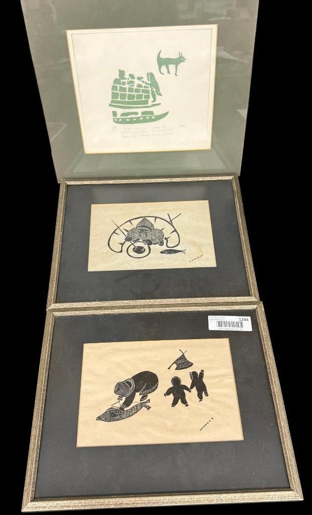 3 pieces of Eskimo Art: 3 pieces of stonecut Eskimo Art. 2 pieces by Agnes Nanogak (1925-2001). Frames approx. 14 x 11 inches. 1 by Sara Joe / Annie Amamatuak.