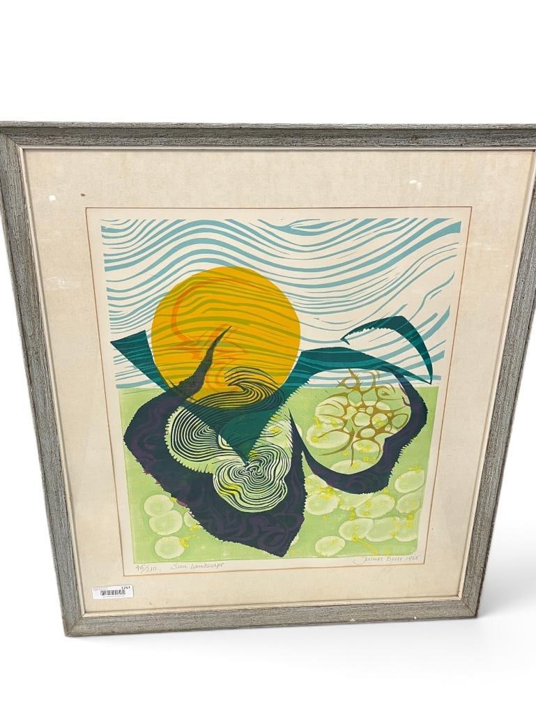 James Burr 1968 signed print: James Burr 1968 signed and numbered 45/210 Sun Landscape print. Approx. 24 x 20 inches. Frame approx. 33 x 29 inches.