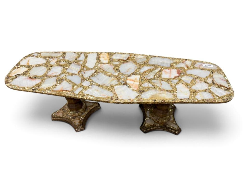 Arturo Pani abalone shell and onyx inlaid coffee table: Arturo Pani abalone shell and onyx inlaid coffee table. Approx. 54 x 20 x 17 inches.