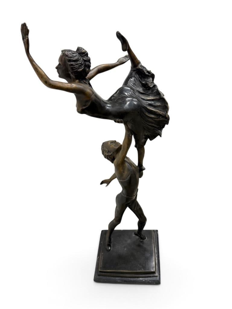 Bronze figural Dancing sculpture: Bronze figural Dancing sculpture, signed W. Farnsworth. Approx. 38 x 13 x 13 inches.