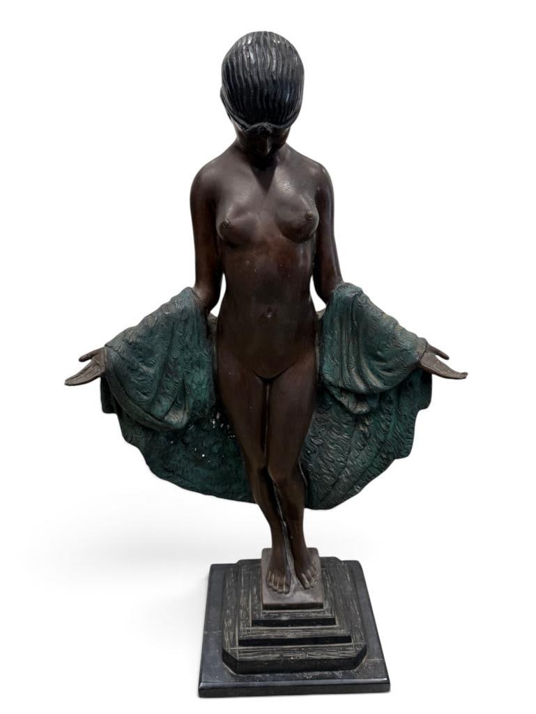 J.E. Descomps signed figural bronze: J.E. Descomps signed figural nude woman bronze. Approx. 36 x 20 x 11 inches.