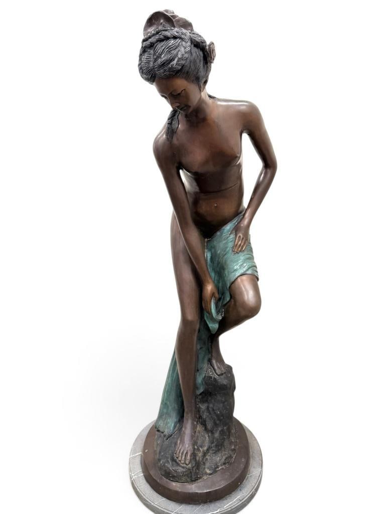 Bronze "The Bather" sculpture: Bronze "The Bather" sculpture. Signed Ch. M Art 90. Approx. 56 x 18 x 18 inches.