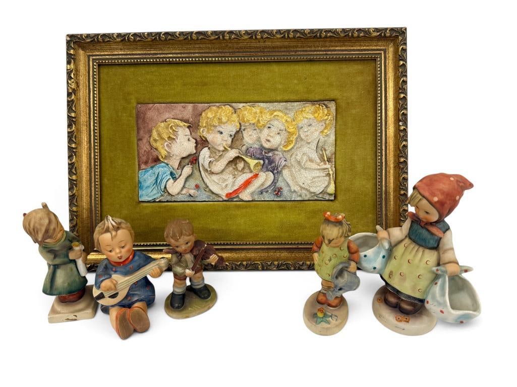 Hummels and framed relief tile: Hummels and framed relief tile. 6 pieces. Frame approx. 13 x 10 inches.
