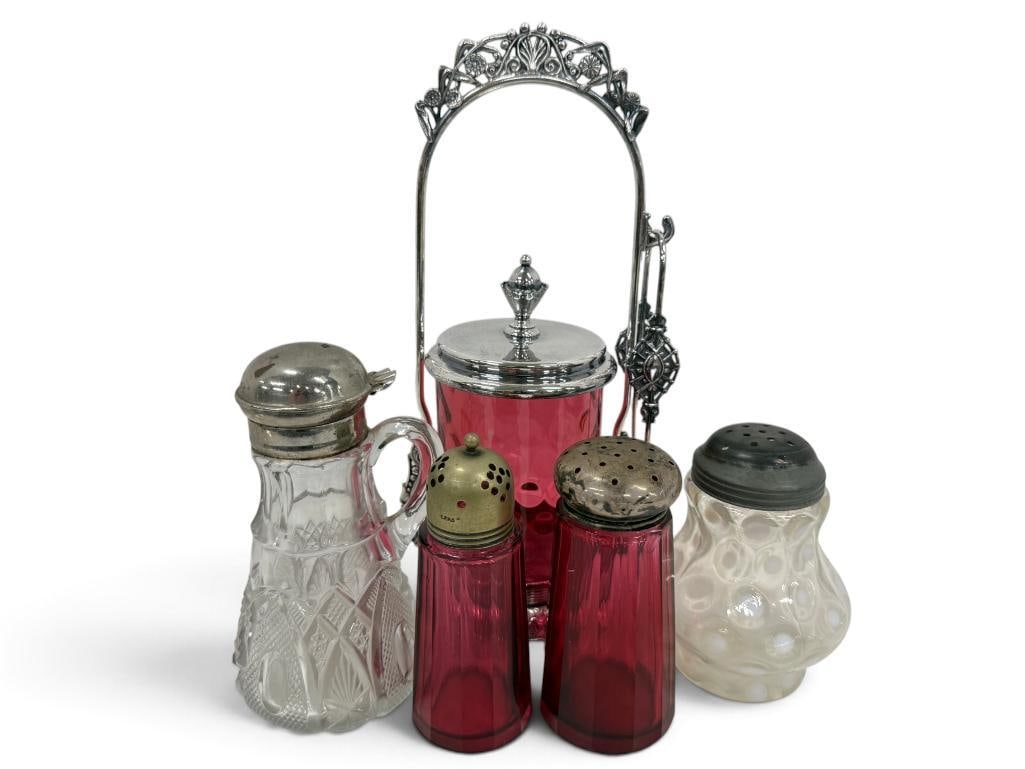 Sugar Shakers, syrup and more: Cranberry Sugar Shakers, cranberry jar, syrup and more. 5 pieces. Jar approx. 11 x 4 x 4 inches.