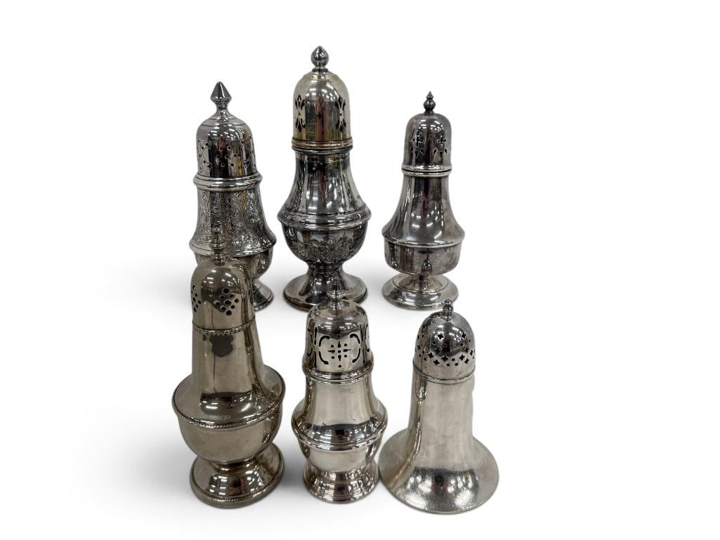 6 Silver Plated Sugar Shakers: 6 Silver Plated Sugar Shakers. Tallest approx. 7.5 inches.