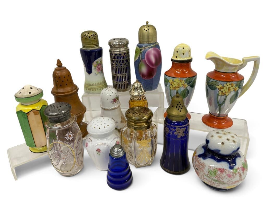 Sugar Shakers and small pitcher: Sugar Shakers and small pitcher. Approx. 15 pieces. Tallest approx. 7.5 inches.
