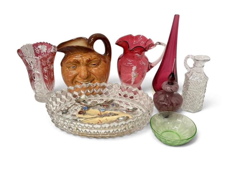 Royal Doulton pitcher, Cranberry glass and more: Royal Doulton pitcher, Cranberry glass, souvenir spoons and more. Approx. 15 pieces. Pitcher approx. 7 x 7 x 4 inches.