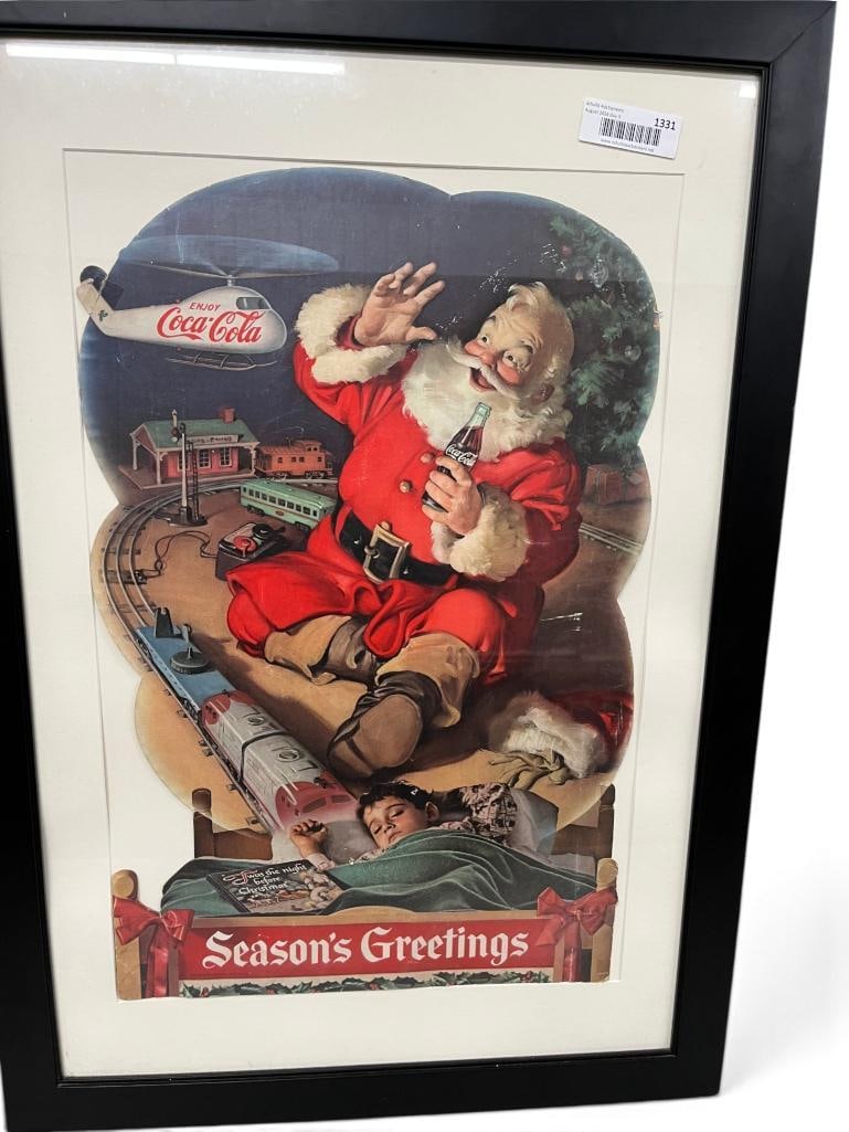 1962 Coca Cola Seasons Greetings advertising poster: 1962 Coca Cola Seasons Greetings advertising poster featuring Santa Claus, toy trains and helicopter. Approx. 24 x 15.5 inches. Frame approx. 33.5 x 23.5 inches.