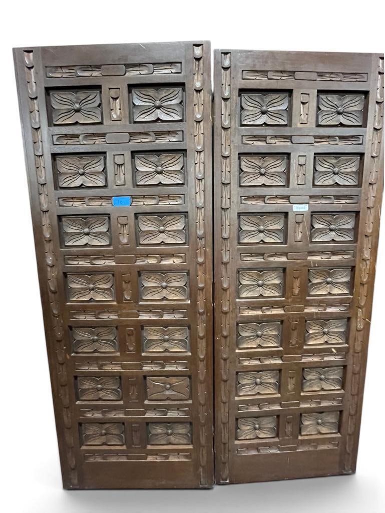 2 Walnut Relief Carved Doors: 2 Oak Walnut Carved Doors. Approx. 80 x 30.5 inches and 80 x 30 inches.