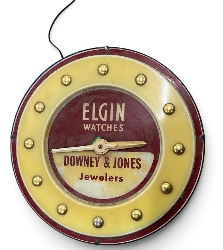 Elgin Watches Clock: Elgin Watches Clock. Downey & Jones Jewelers. Approx. 16 x 16 x 5 inches.
