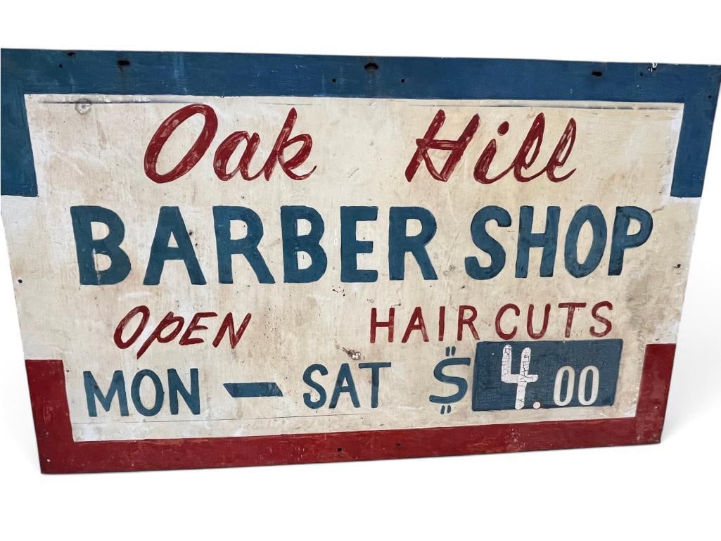 Oak Hill Barber shop advertising sign: Oak Hill Barber shop hand painted metal advertising sign. Approx. 44 x 26 inches.