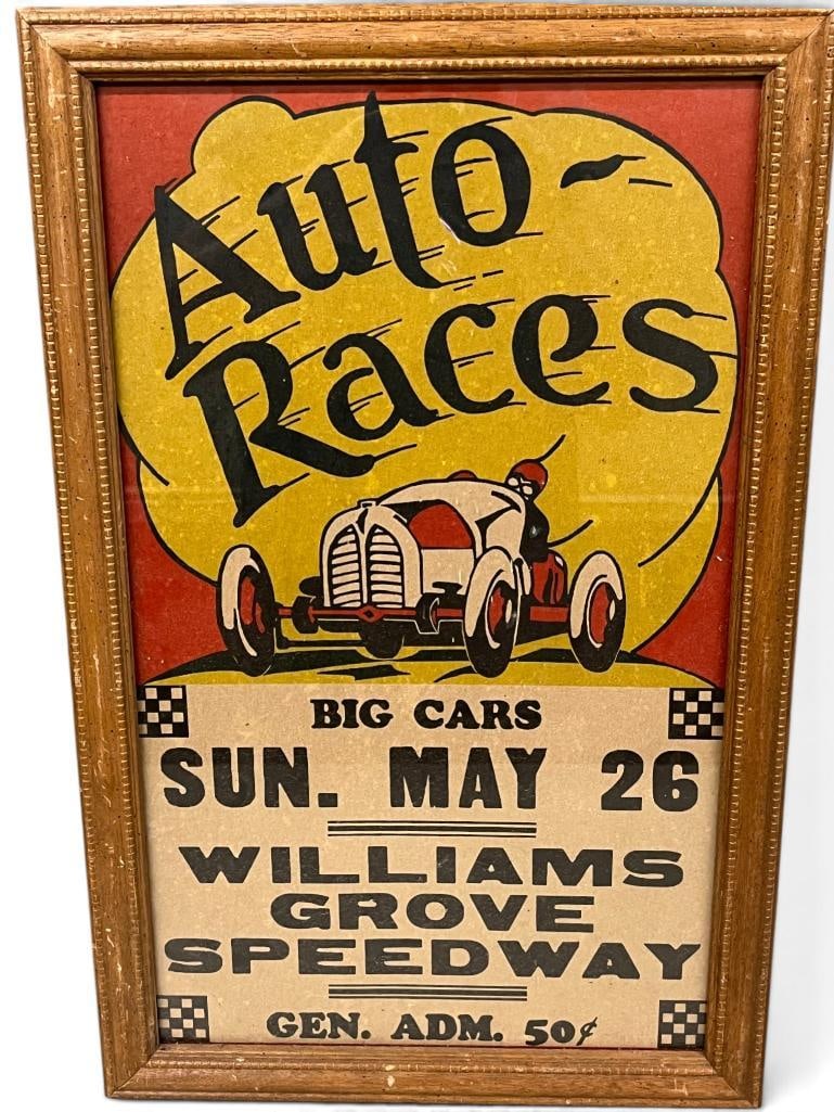 Williams Grove Speedway advertising poster: Williams Grove Speedway Auto Races advertising poster. Frame approx. 22 x 14 inches.