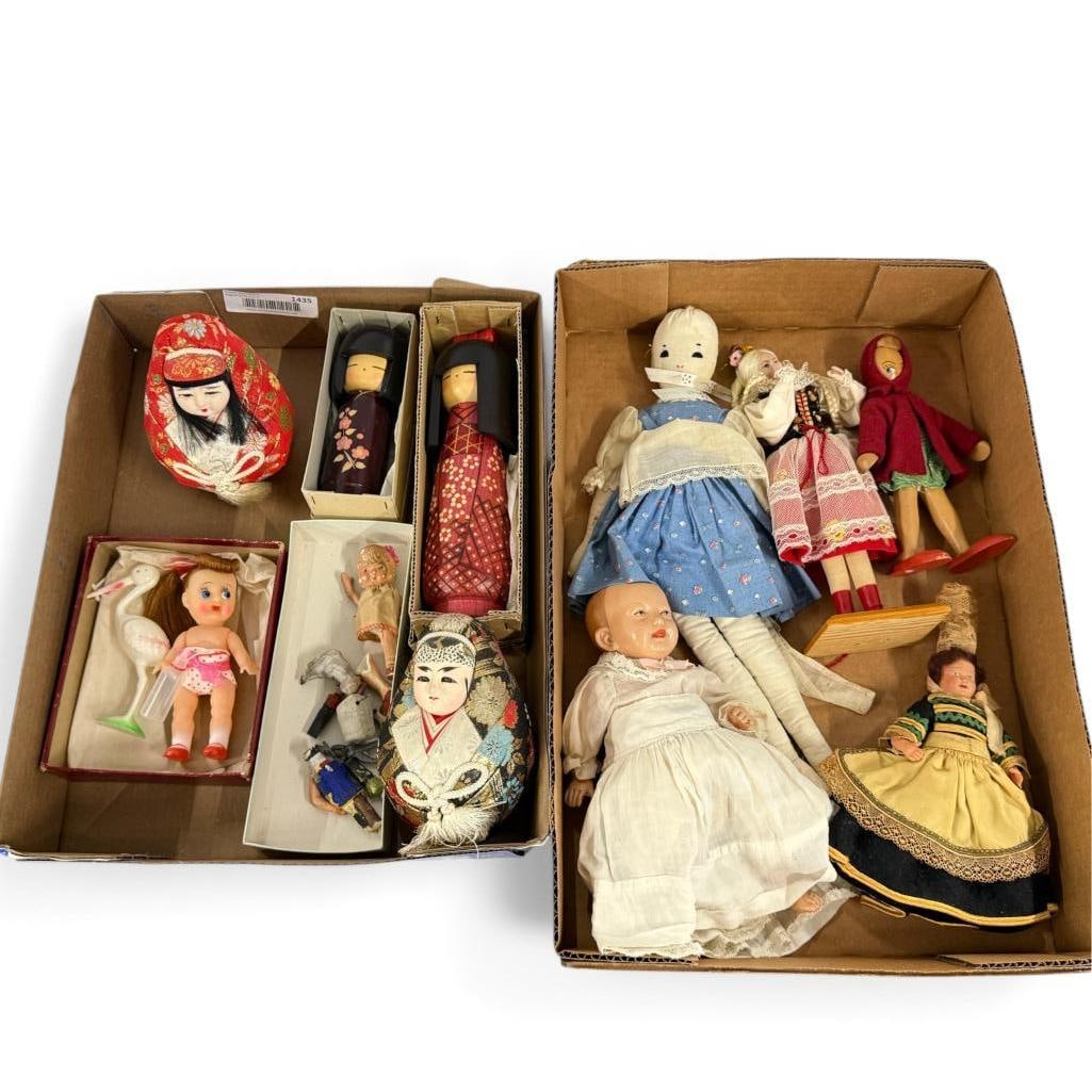 Collection of Dolls including Japanese wood doll: Collection of Dolls including Japanese kokeshi wood doll "Red Kimono" by Kazuo Takamizawa. Approx. 9 inches tall.
