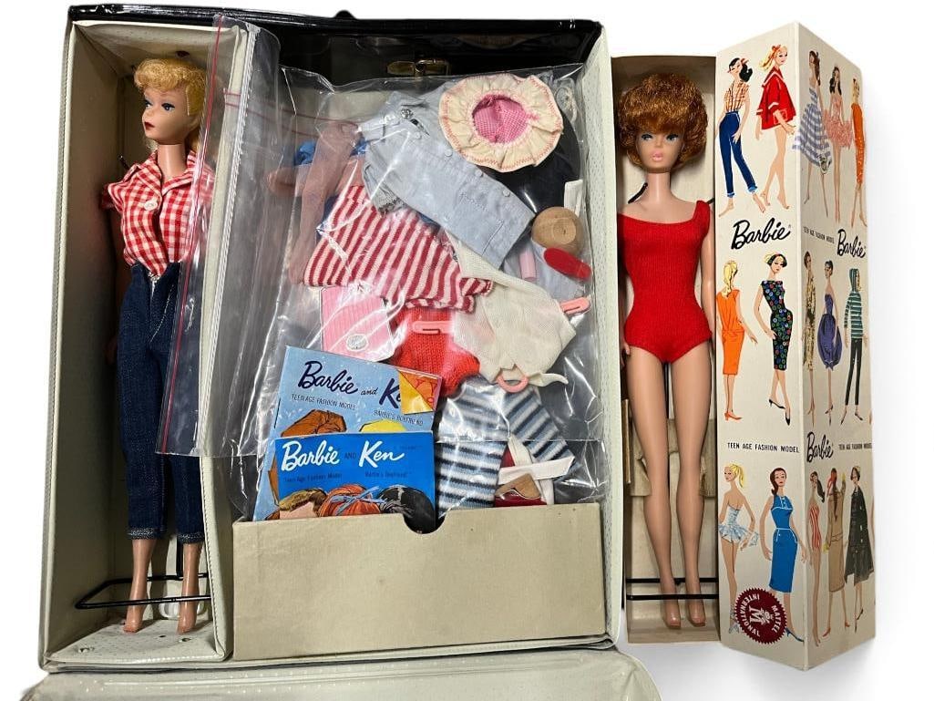 1960's Ponytail and Titian Bubble Cut Barbie: 1960's Ponytail and Titian Bubble Cut Barbie includes case and clothes. Bubble cut in box. Case approx. 13 x 11 x 3 inches.