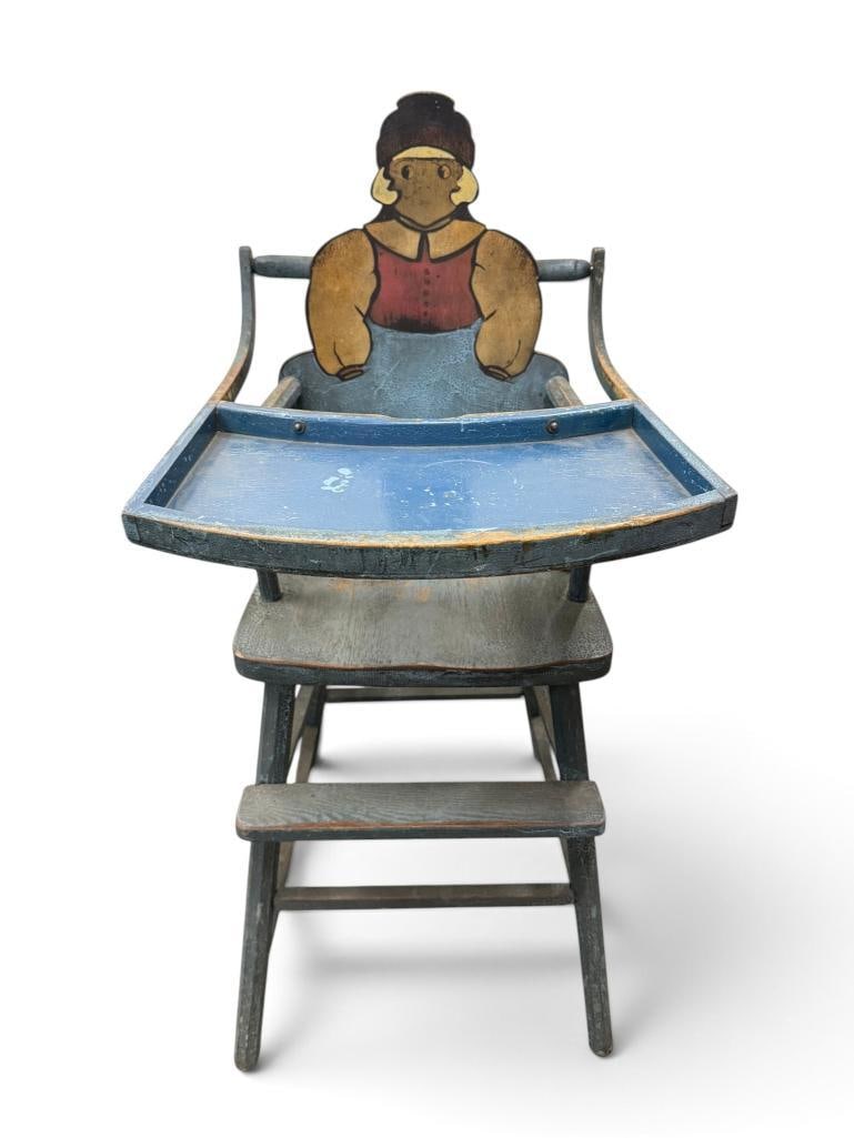 Folk Art painted wood high chair: Folk Art painted wood high chair. Approx. 40 x 21 x 17 inches.