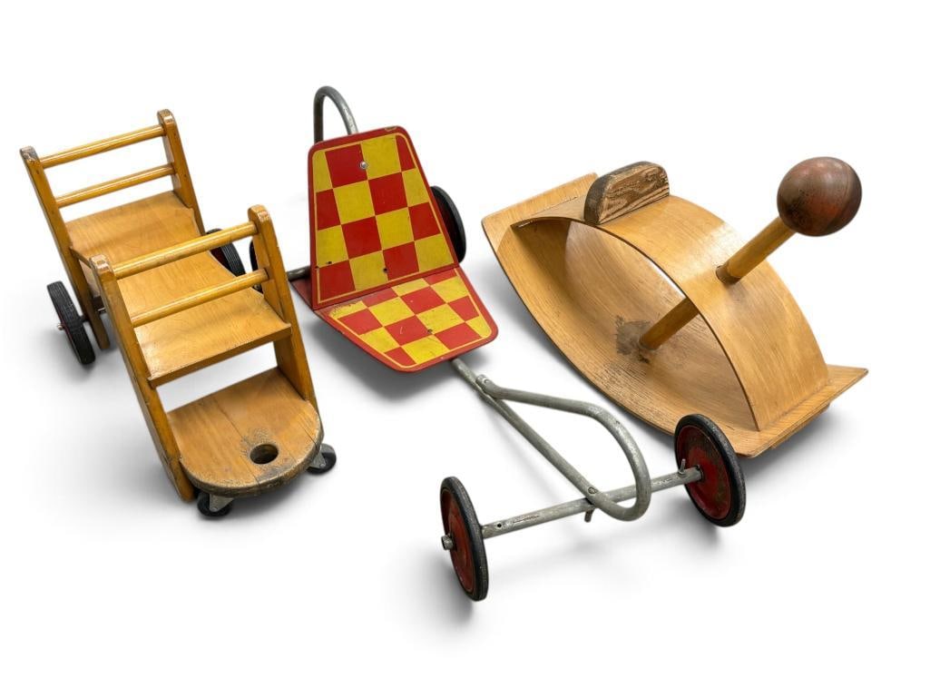 Push Go Carts and Rocking Horse: Push Go Carts and Gloria Caranica for Creative Playthings Rocking Horse. 3 pieces.