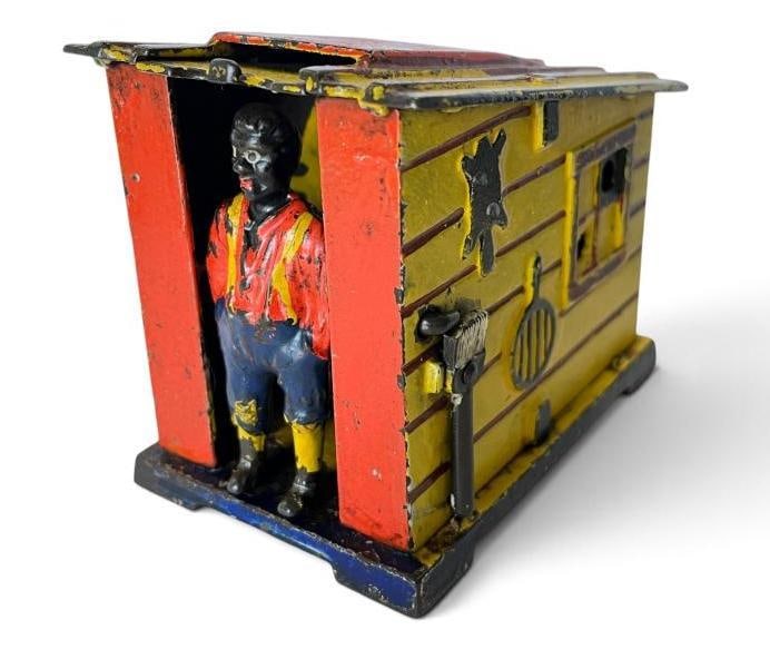 J & E Stevens Cabin Mechanical Bank: J & E Stevens Cabin Mechanical Bank. Approx. 5 x 4 x 3 inches.