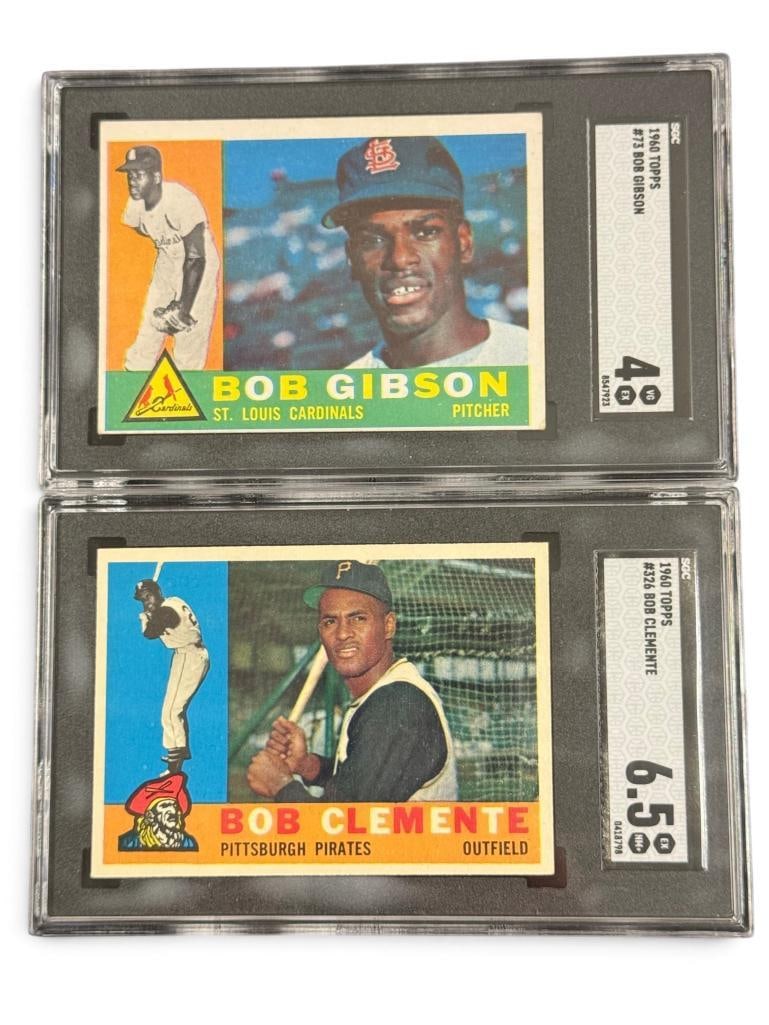 2 1960 Topps Baseball SGC Graded Cards: 2 1960 Topps Baseball SGC Graded Cards. Bob Gibson SGC 4 and Bob Clemente SGC 6.5.