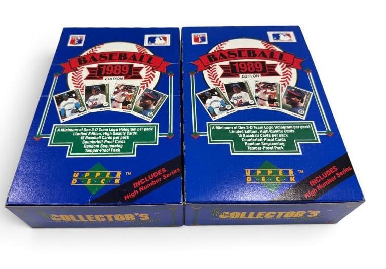 2 Unopened 1989 Upper Deck Baseball Card Boxes: 2 Unopened 1989 Upper Deck Baseball Card Boxes. Includes high numbers. Possible Griffey Rookie card. Each box has 36 unopened packs.