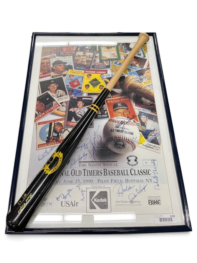 1990 National Old Timers Baseball classic poster: 1990 National Old Timers Baseball Classic poster with multiple autographs and baseball bat. Frame approx. 30 x 22 inches.
