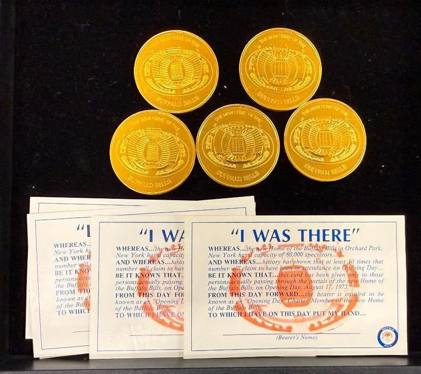 5 Buffalo Bills 1973 Inaugural Game Tokens: 5 Buffalo Bills 1973 Inaugural Game Tokens and "I Was There" cards.