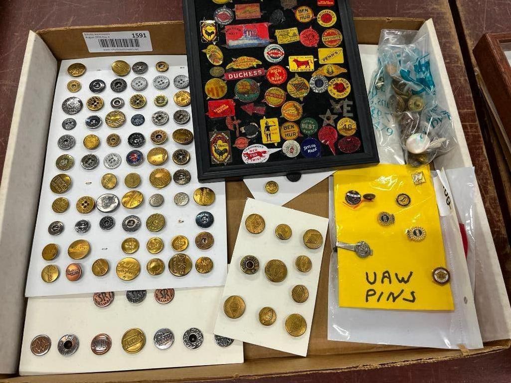 Collection of Buttons, Tobacco tags, UAW pins and more: Collection of Buttons, Tobacco tags, UAW pins and more.