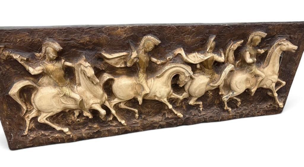 Finesse Originals wall sculpture of Roman Soldiers on Horseback: Finesse Originals wall sculpture of Roman Soldiers on Horseback. Approx. 63 x 22 inches.