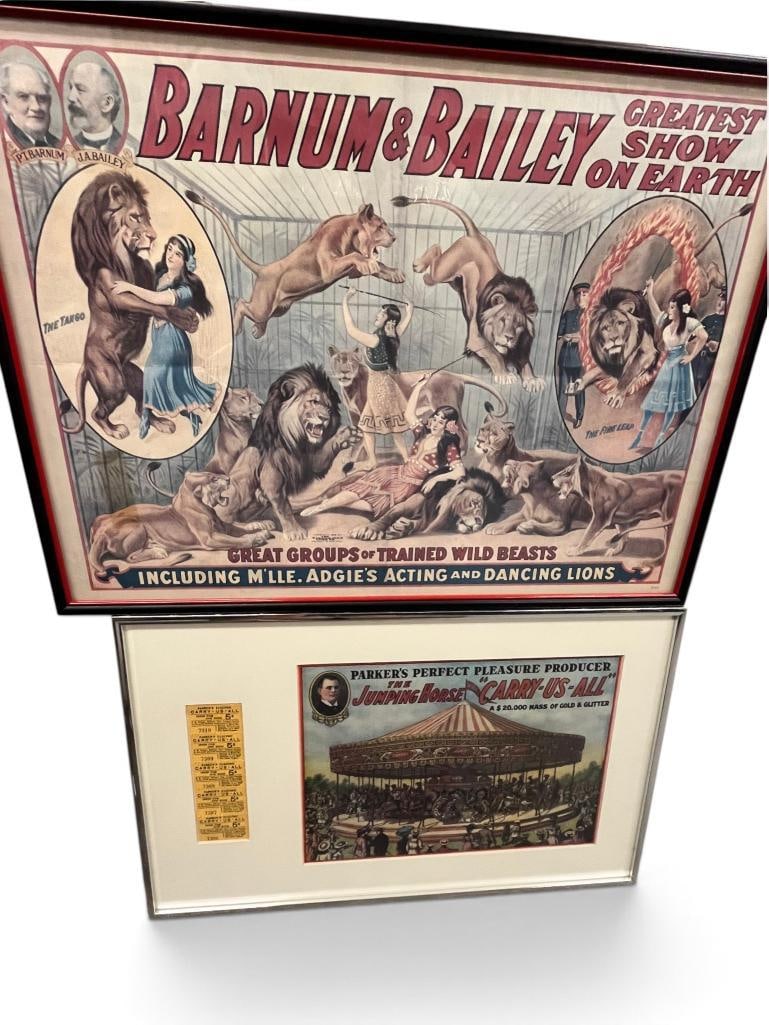 Barnum & Bailey poster and Parker Carousel poster: Barnum & Bailey poster and Parker Carousel poster. 2 pieces. Barnum frame approx. 124 x 17.5 inches.
