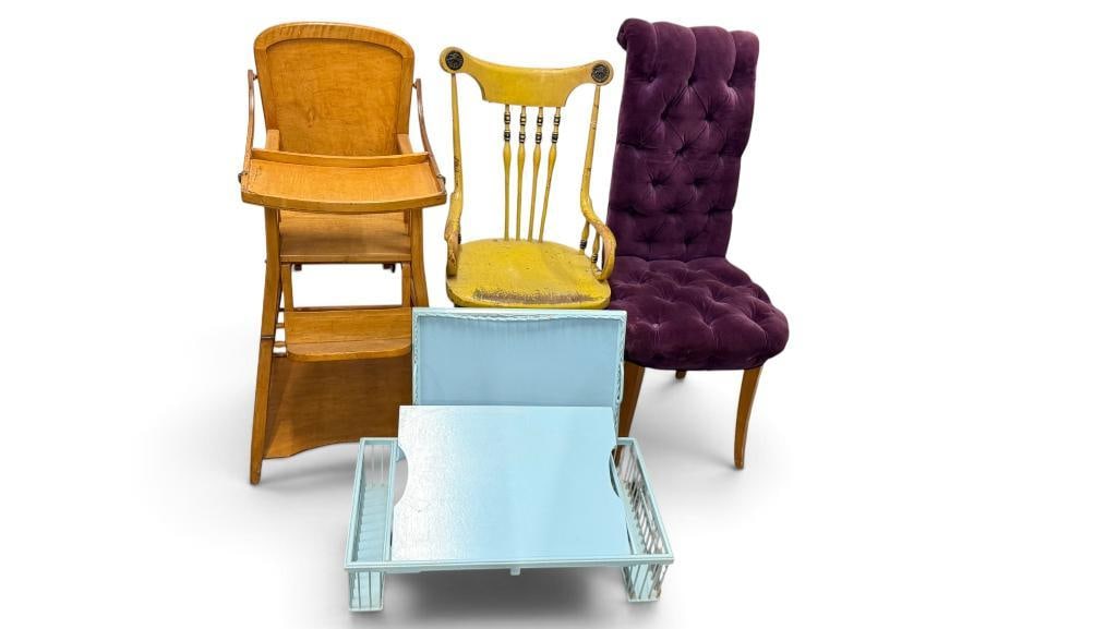 Chairs, High chair and tray: Chairs, High chair and tray. 4 pieces. Purple chair approx. 44 inches tall.