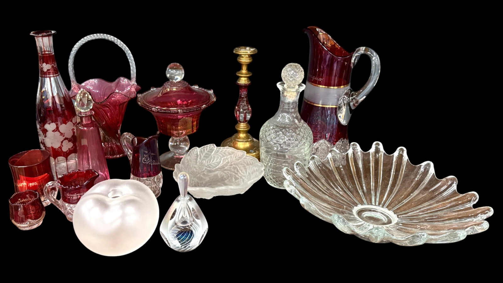 Cranberry basket, decanter, candlestick and more: Cranberry basket, decanter, candlestick and more. Approx. 15 pieces. Some pieces marked Chautauqua.