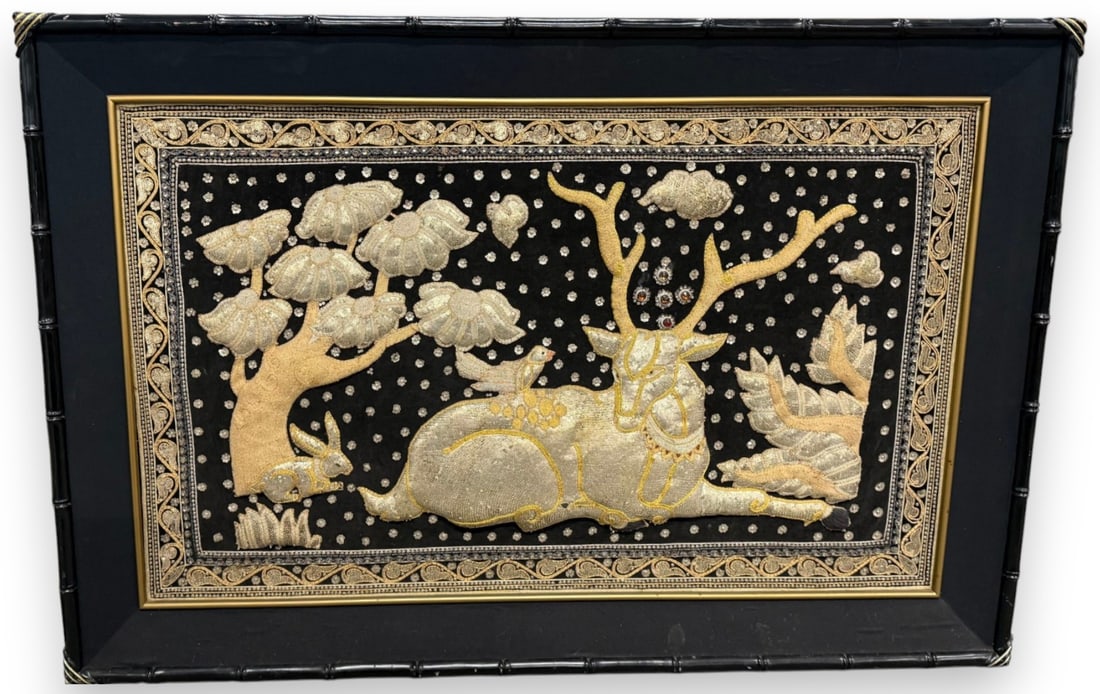 Embroidered Zardozi: Embroidered Zardozi with animals and trees. Possibly from Myanmar. Frame approx. 67x 45 inches.