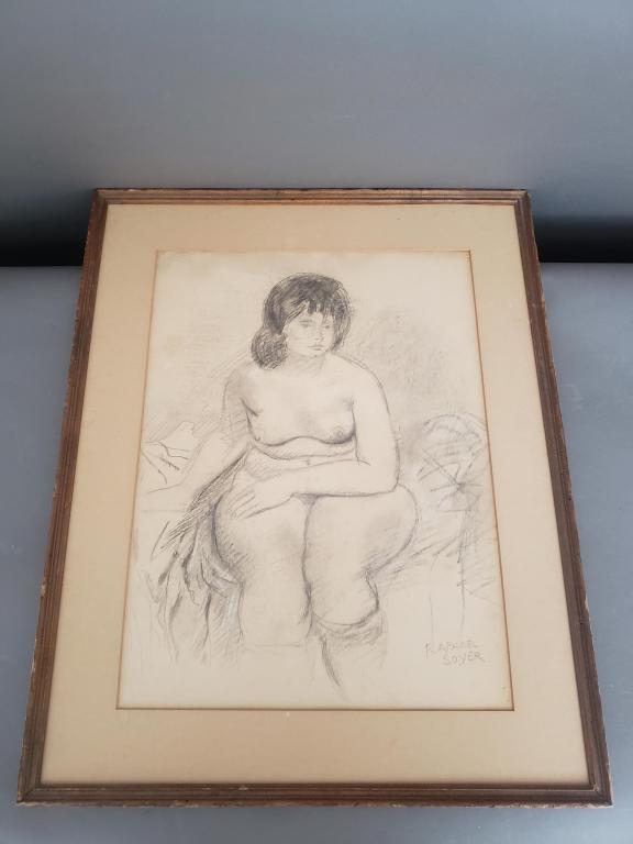 " Raphael Soyer " Titled " Nude with Stockings: " Raphael Soyer " Signed, original, Graphite Drawing on Paper Titled " Nude with Stockings - " ACA " Gallery lable on reverse - From the collection of " Dr. Biehl " - Matted and