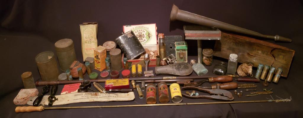 Large Lot of Antique Gun Supplies & Tools: Large Lot of Antique Gun Supplies & Tools including Bass Shell Casings, Primers, Cleaning Rods & Solution, Molds, etc - All found together in a crate in the estate