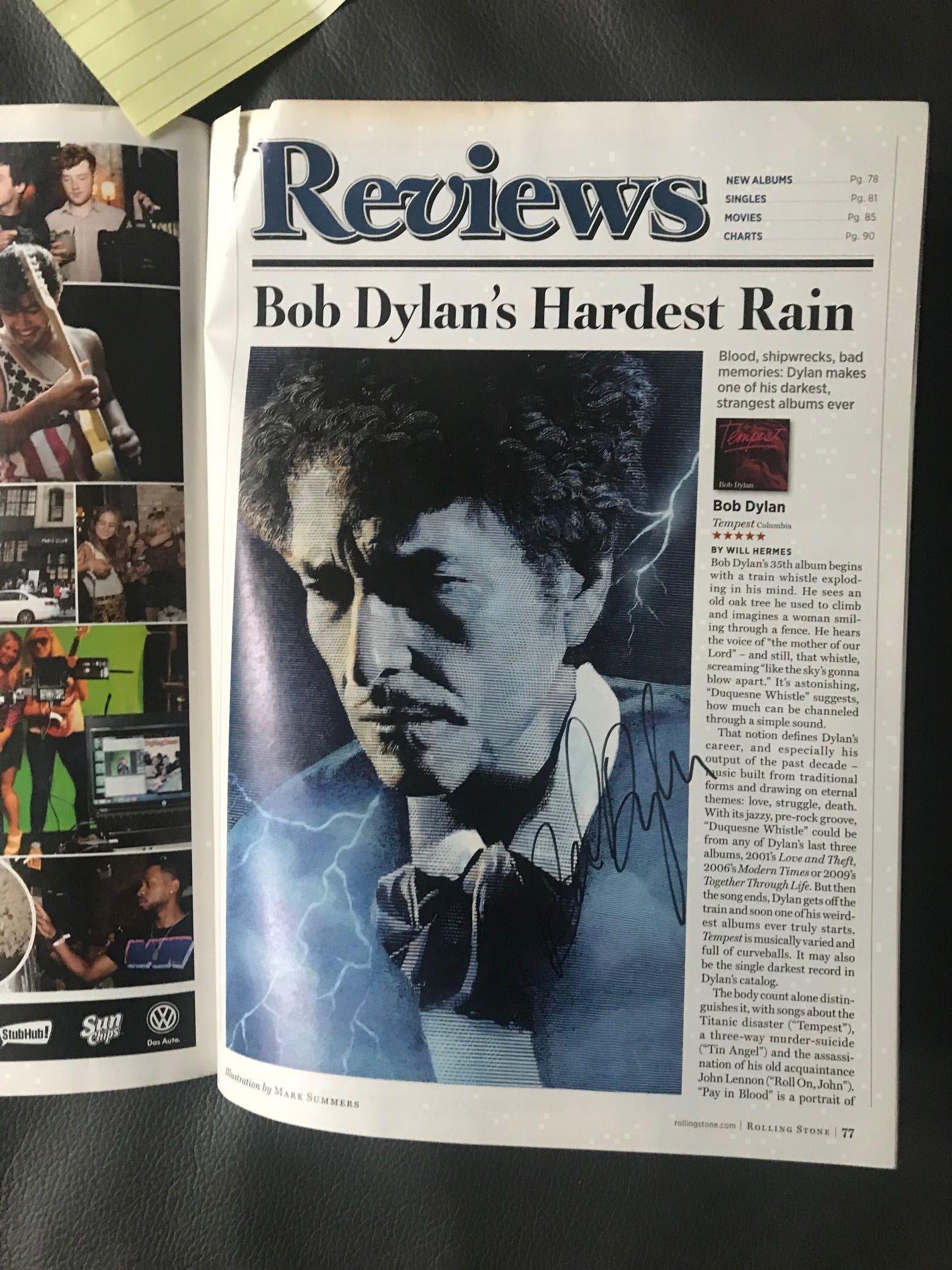 Bob Dylan Signed Rolling Stone Magazine Certified: This lot is a Rolling Stone magazine, signed on the inside by Bob Dylan. Item comes with Certificate of Authenticity guaranteeing it for a lifetime