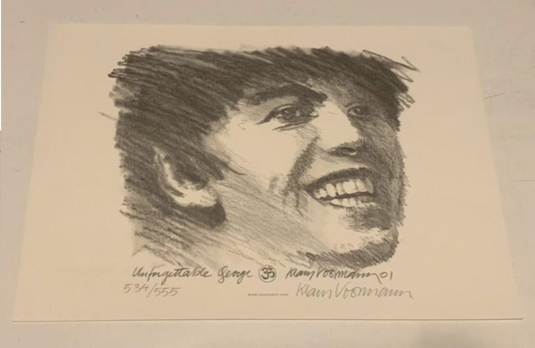 Klaus Voormann Signed George Harrison The Beatles: This lot is an official George Harrison lithograph, hand signed and studio stamped by Klaus Voormann. Item comes with Certificate of Authenticity guaranteeing it for a lifetime.