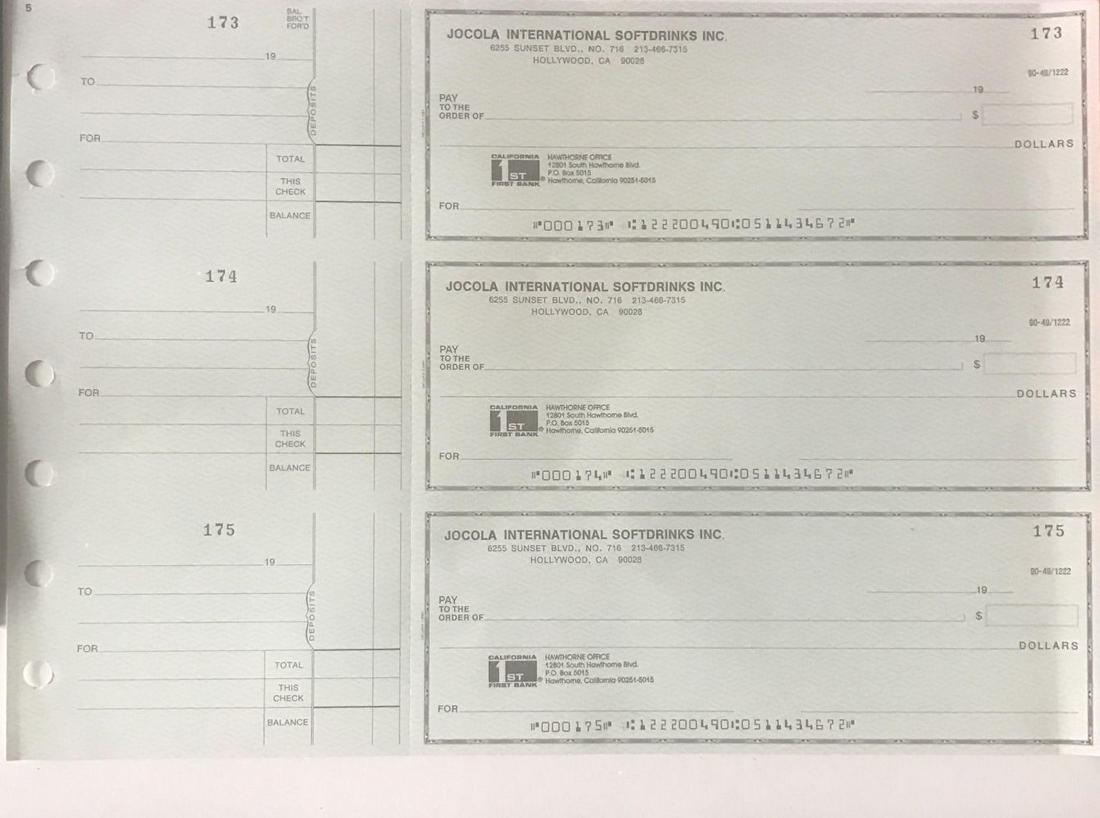 Michael Jackson The Jacksons Joe Jackson Unused JoeCola: This lot is for three vintage unused cheques from a business chequebook belonging to Joe Jackson. The company is JoeCola International Soft Drinks, which Joe together with the Jackson 5 promoted durin