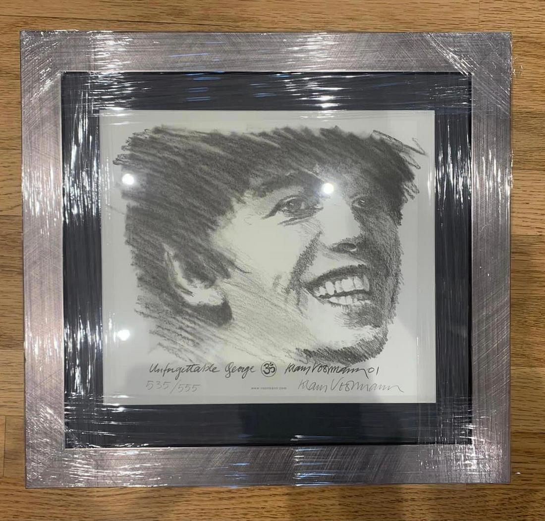 Klaus Voormann Signed Framed George Harrison Lithograph: This lot is a numbered limited edition signed Klaus Voormann, George Harrison Lithograph. Item has been professionally studio framed. Item comes with Certificate of Authenticity guaranteeing it for a
