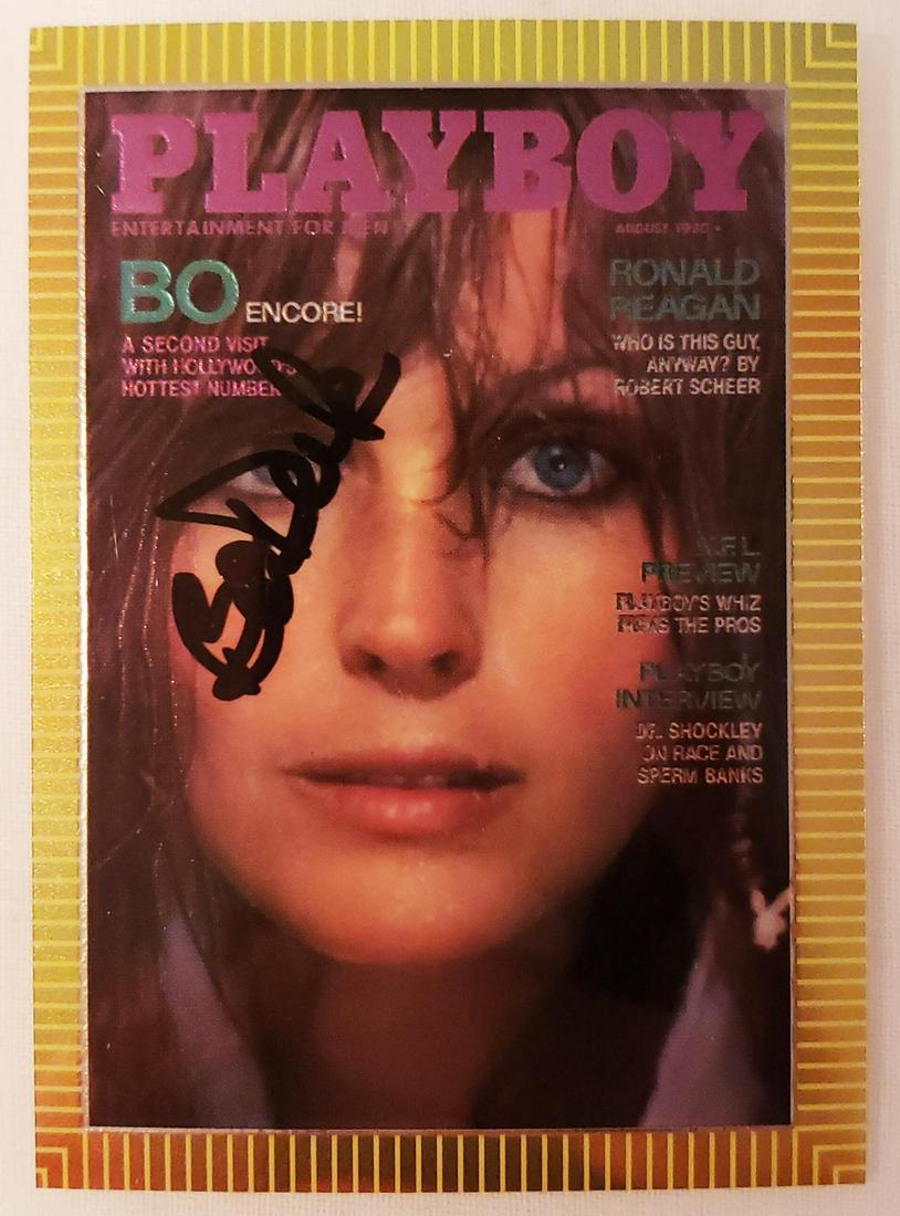 Bo Derek Signed Playboy Collectors Card Certified: This lot is a Playboy collectors card autographed by Bo Derek.